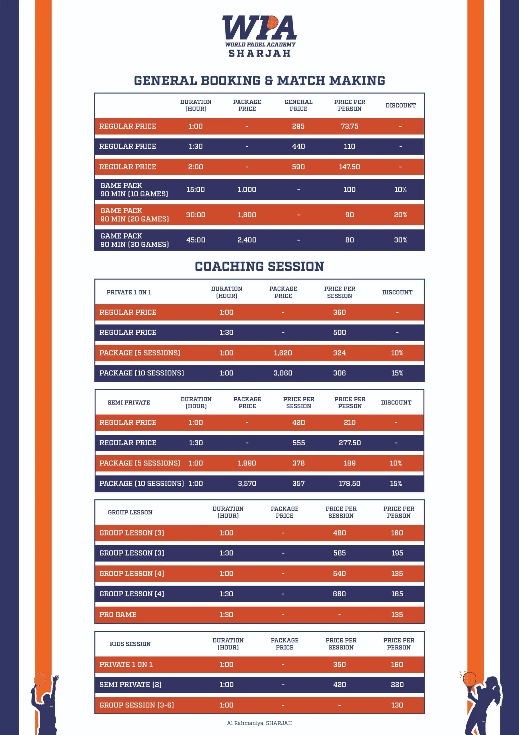 Pricing and packages for World Padel Academy Sharjah, featuring options for hourly court bookings, membership rates, boot camp sessions, and women’s gym programs, tailored for padel enthusiasts and fitness seekers.