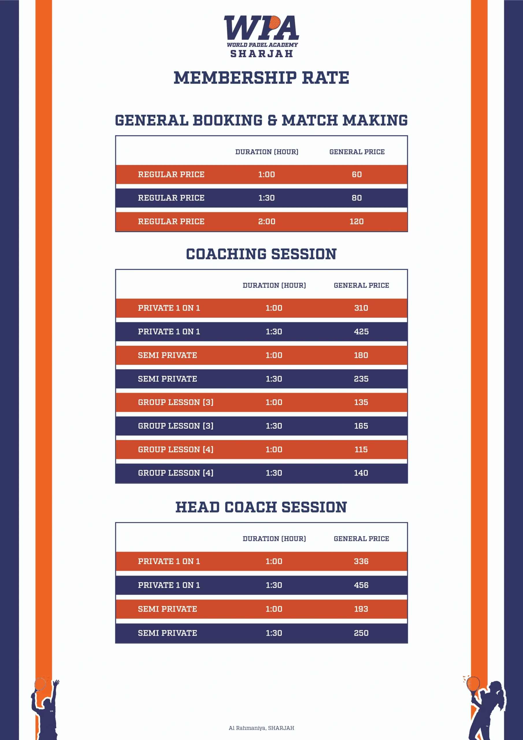 Pricing and packages for World Padel Academy Sharjah, featuring options for hourly court bookings, membership rates, boot camp sessions, and women’s gym programs, tailored for padel enthusiasts and fitness seekers.